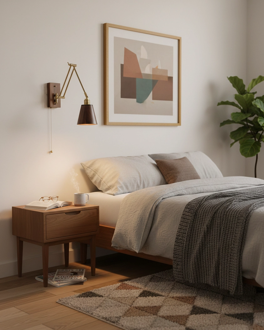 Marlow adjustable wall lamp rear view showing solid wood wall mount bracket and brass hardware construction details