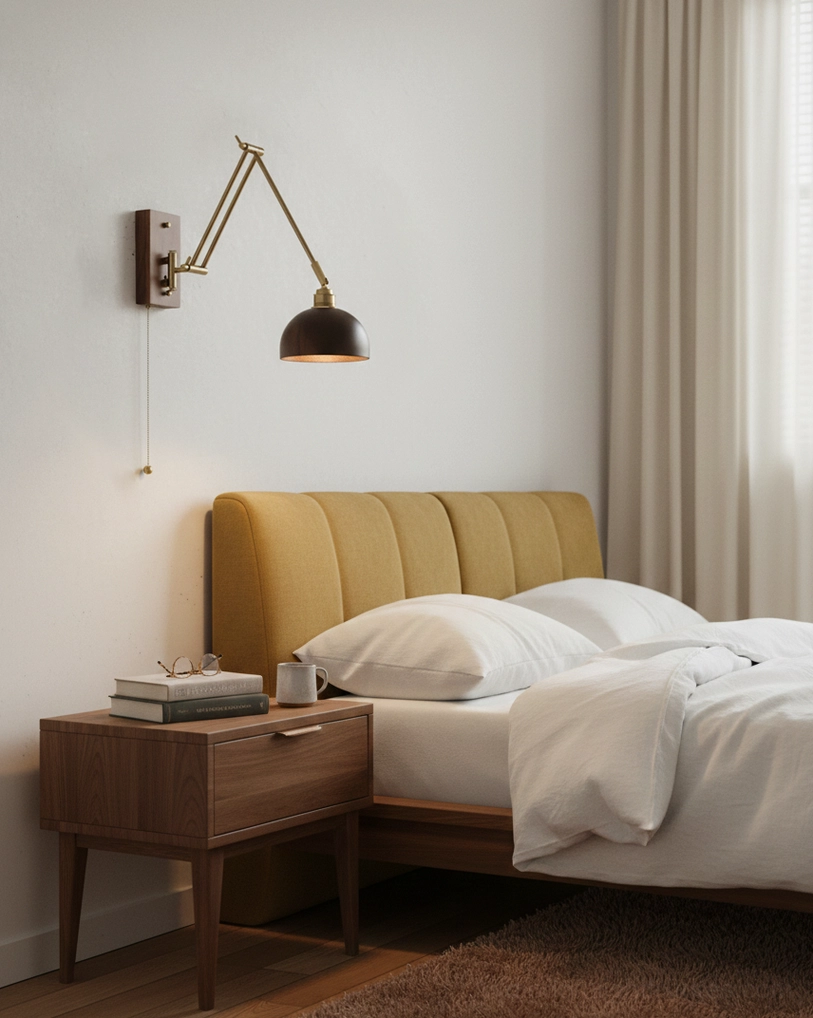 Adjustable swing arm wall lamp in bedroom beside bed creating warm reading light with articulated brass arms