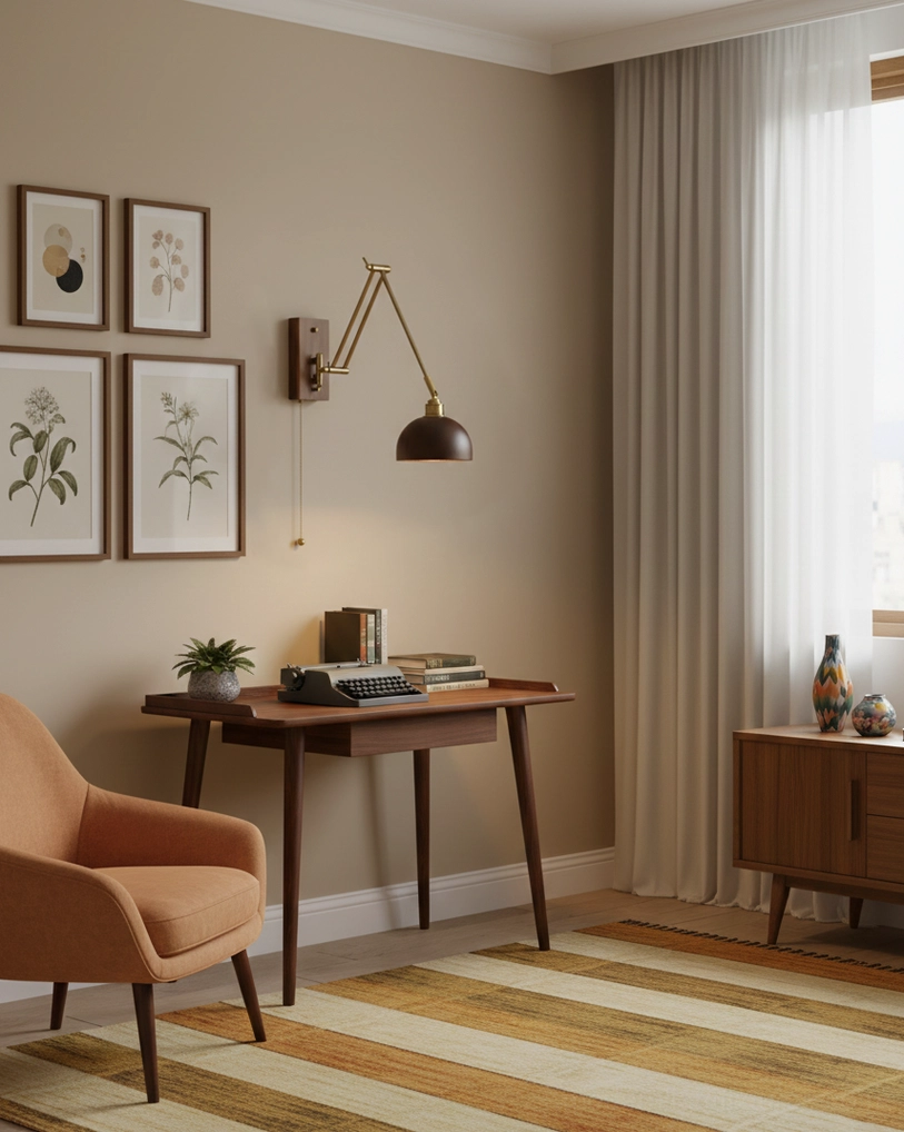 Brass and wood adjustable wall lamp in modern home office workspace with warm lighting and mid-century design aesthetic