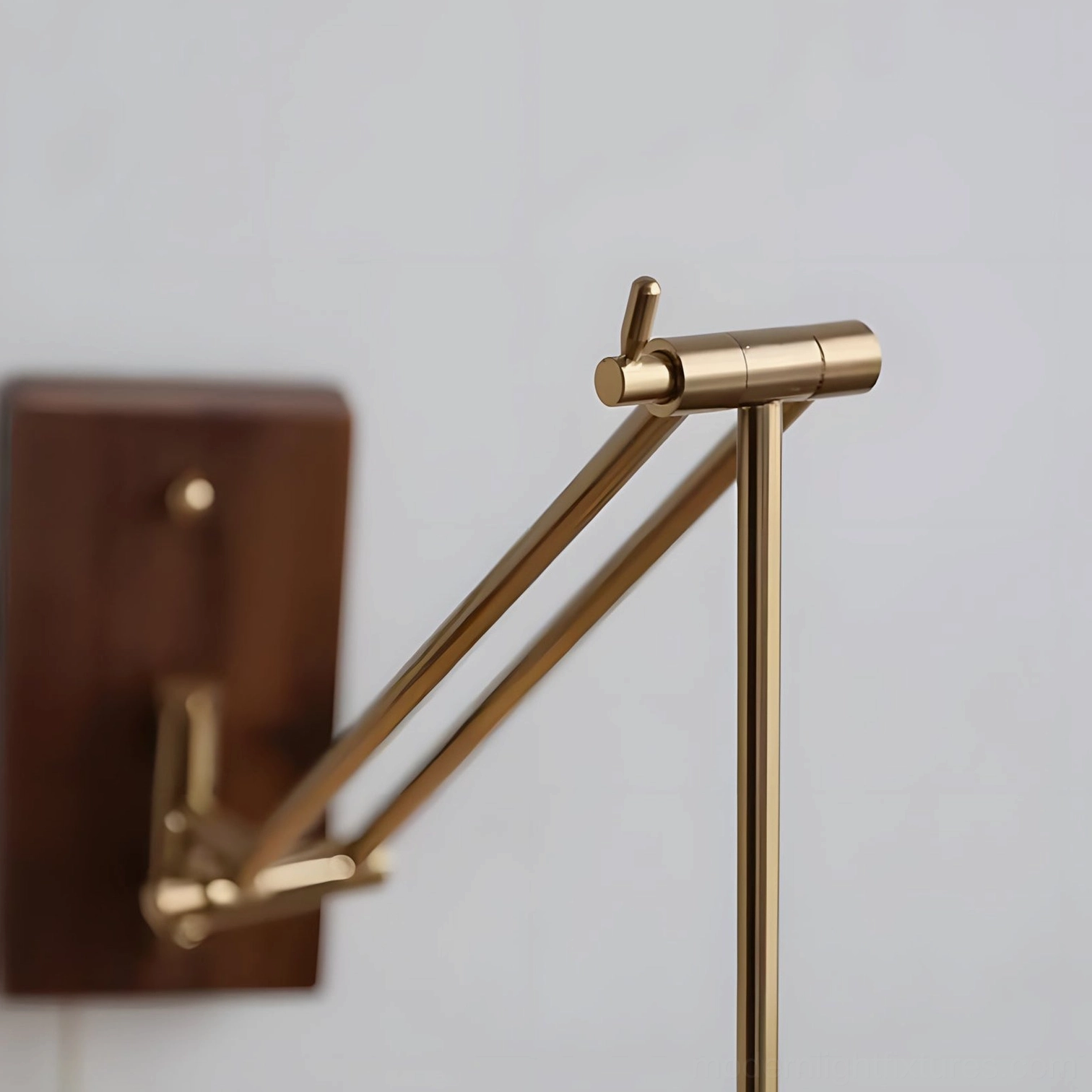 Contemporary adjustable wall sconce mounted on residential wall showing sculptural brass arms and warm decorative lighting effect
