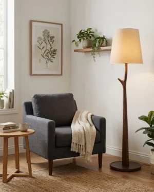 Marlow floor lamp in matte black finish with carved branch stem, positioned in modern living room beside grey upholstered armchair and side table