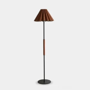Marlow Pleat Leather Floor Lamp - Tan Pleated Shade with Black Metal Stand, Studio Front View