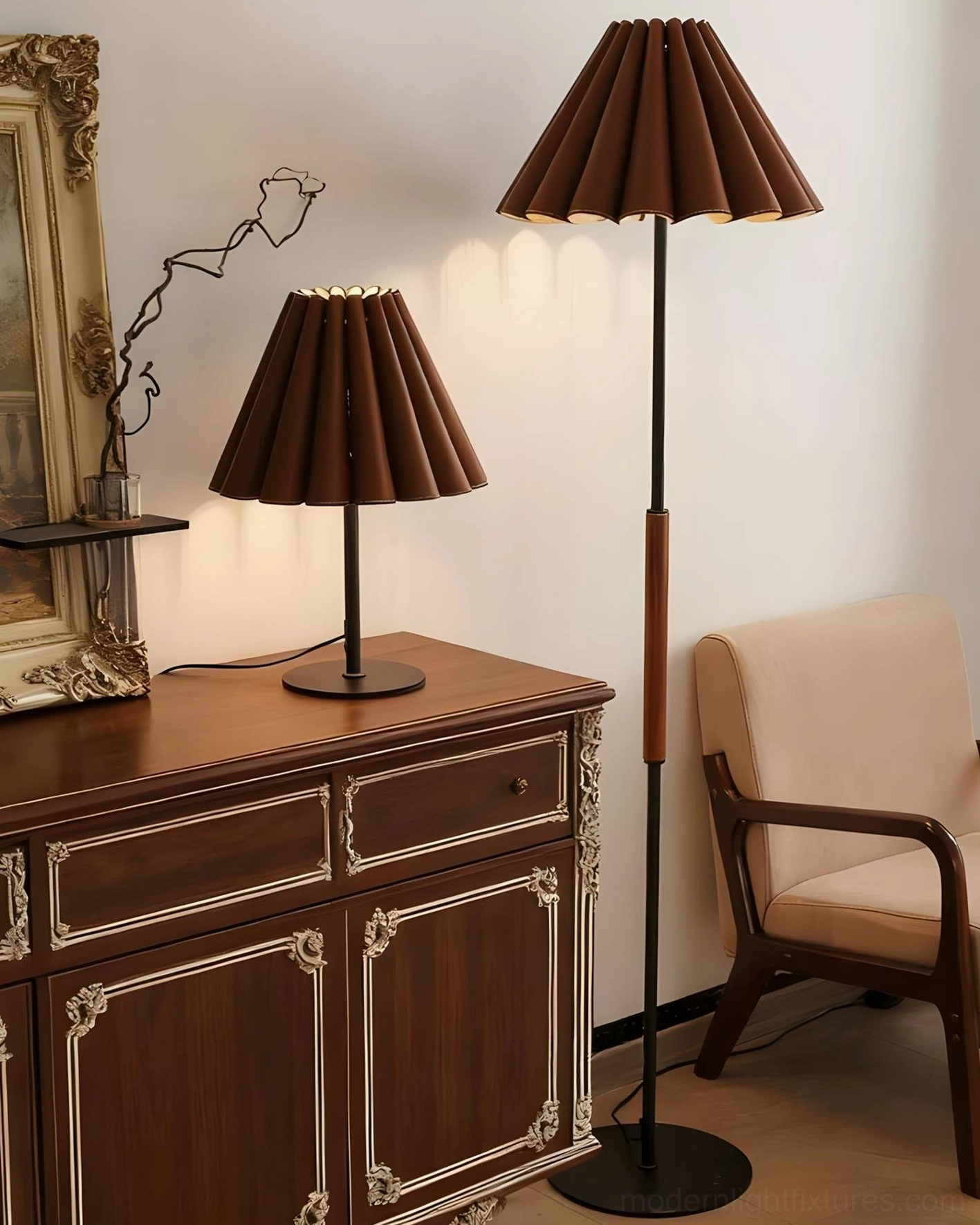 Marlow table lamp paired with floor lamp in vintage furnished living room with ornate wooden cabinet and upholstered furniture