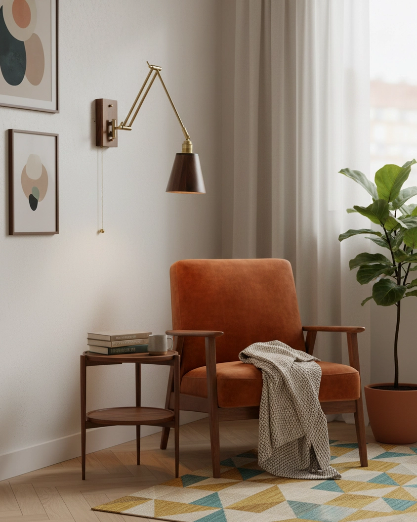 Modern swing arm wall sconce in living room reading corner creating warm ambient lighting with adjustable brass arms