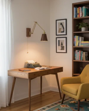 Mid-century modern adjustable wall sconce in home study workspace with brass fixture and wooden shade creating warm task lighting