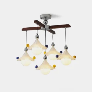 Marlowe five-light pendant chandelier with walnut wood and chrome arms, petal-style faceted glass shades on white background