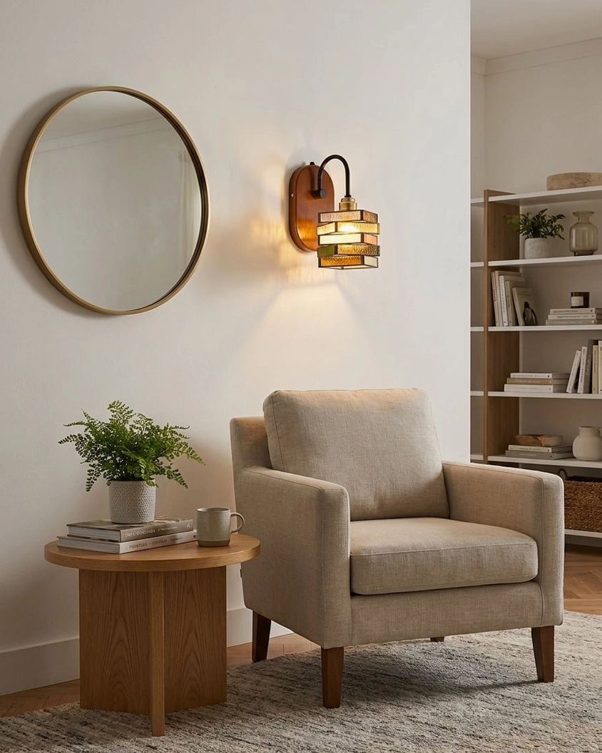 Marlowe stained glass sconce in minimalist bedroom beside round gold-framed mirror and potted plant