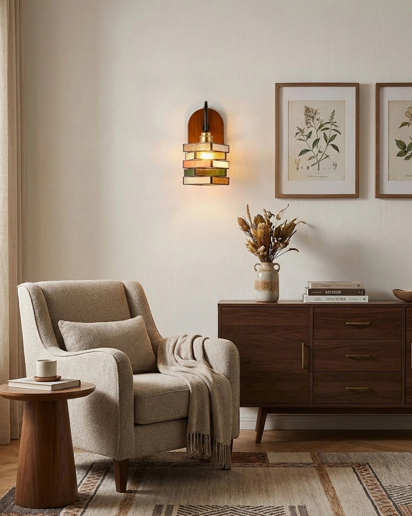 Marlowe stained glass wall sconce installed in retro living room above wooden cabinet with vintage decor styling
