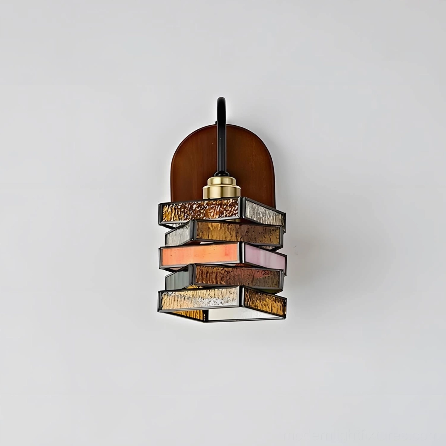 Marlowe wall sconce top-down view showing arched walnut wood backplate and multicolor stained glass shade design