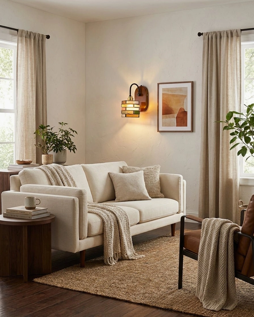 Bright family living room with Marlowe wall sconce installed near fabric sofa and wooden side table