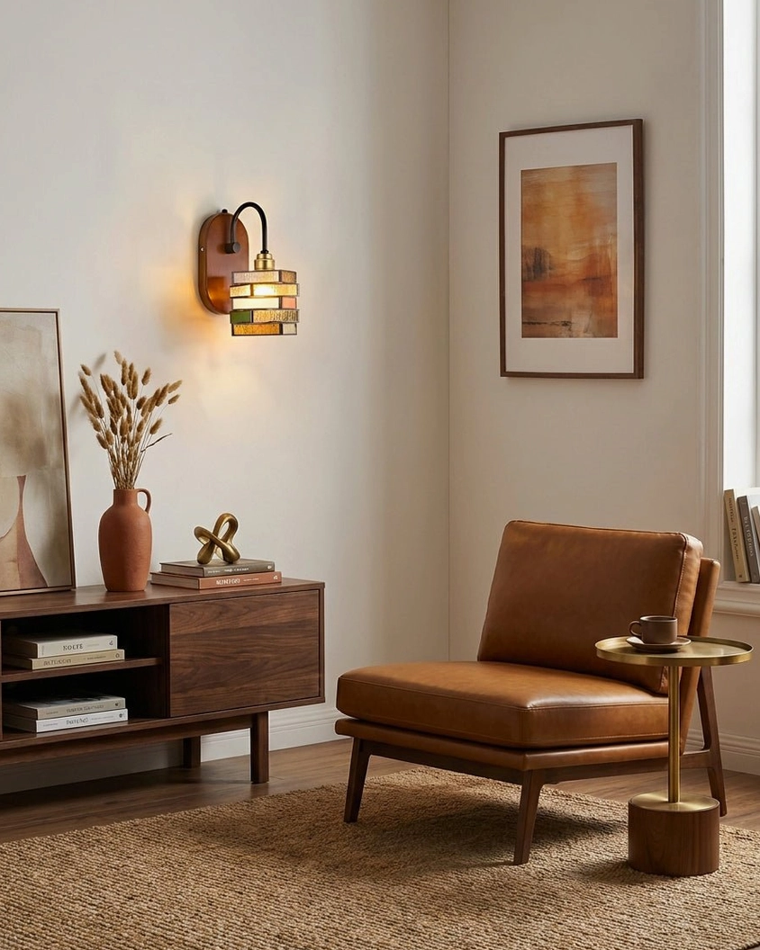 Mid-century modern living room featuring Marlowe wall sconce beside leather armchair and side table