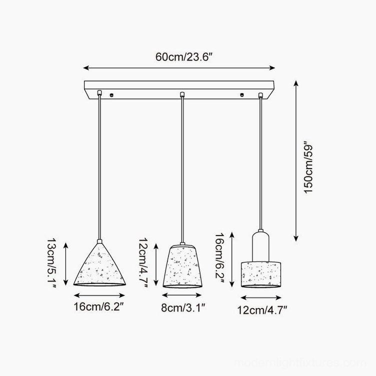 Contemporary multi-pendant lighting system with natural travertine stone and matte black metalwork