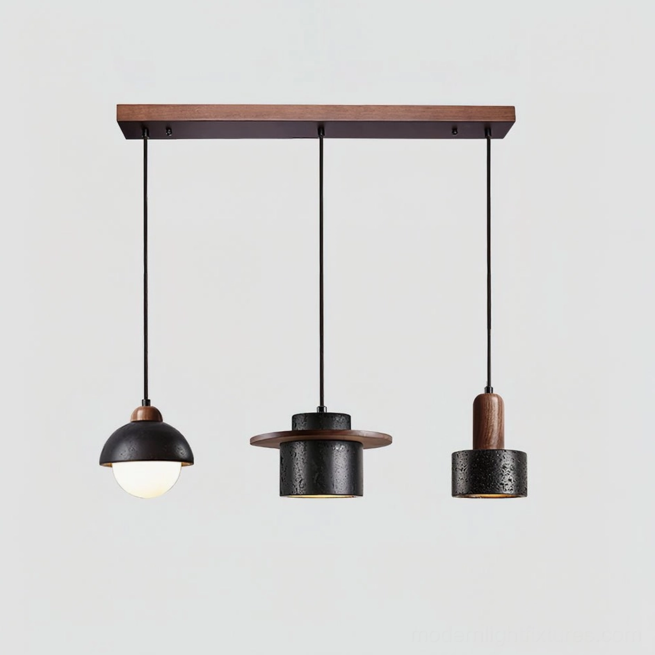Model E 80cm Marnox pendant light with sculptural travertine shades and walnut wood hardware