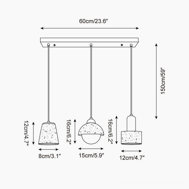 Model A specifications diagram for 60cm width Marnox pendant light with three varied geometric shade forms