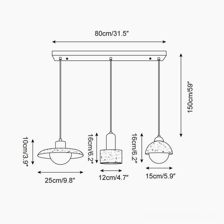 Model B specifications diagram showing 80cm Marnox pendant light with three disc-style travertine shades