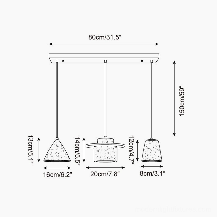 Model C dimensional drawing for 80cm Marnox pendant featuring mixed cone and disc shaped shades
