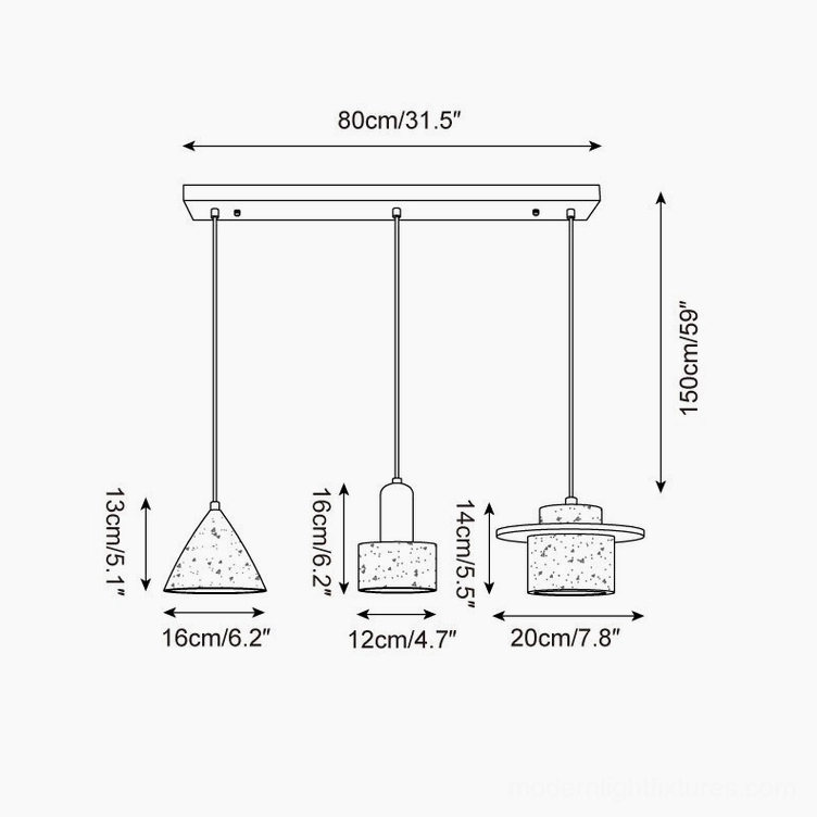Model D specifications diagram 80cm Marnox pendant light with mixed cone and hood shade designs