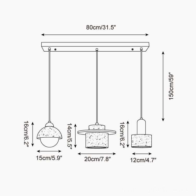 Model E dimensional drawing showing 80cm Marnox pendant with dome and block shaped travertine shades