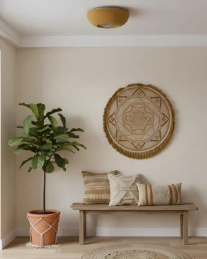 Marola warm white LED ceiling light installed in bohemian living room lounge with wall decor