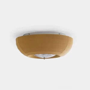 Marola mid-century flush mount ceiling lamp with mustard yellow ribbed fabric shade and chrome trim, studio overhead view