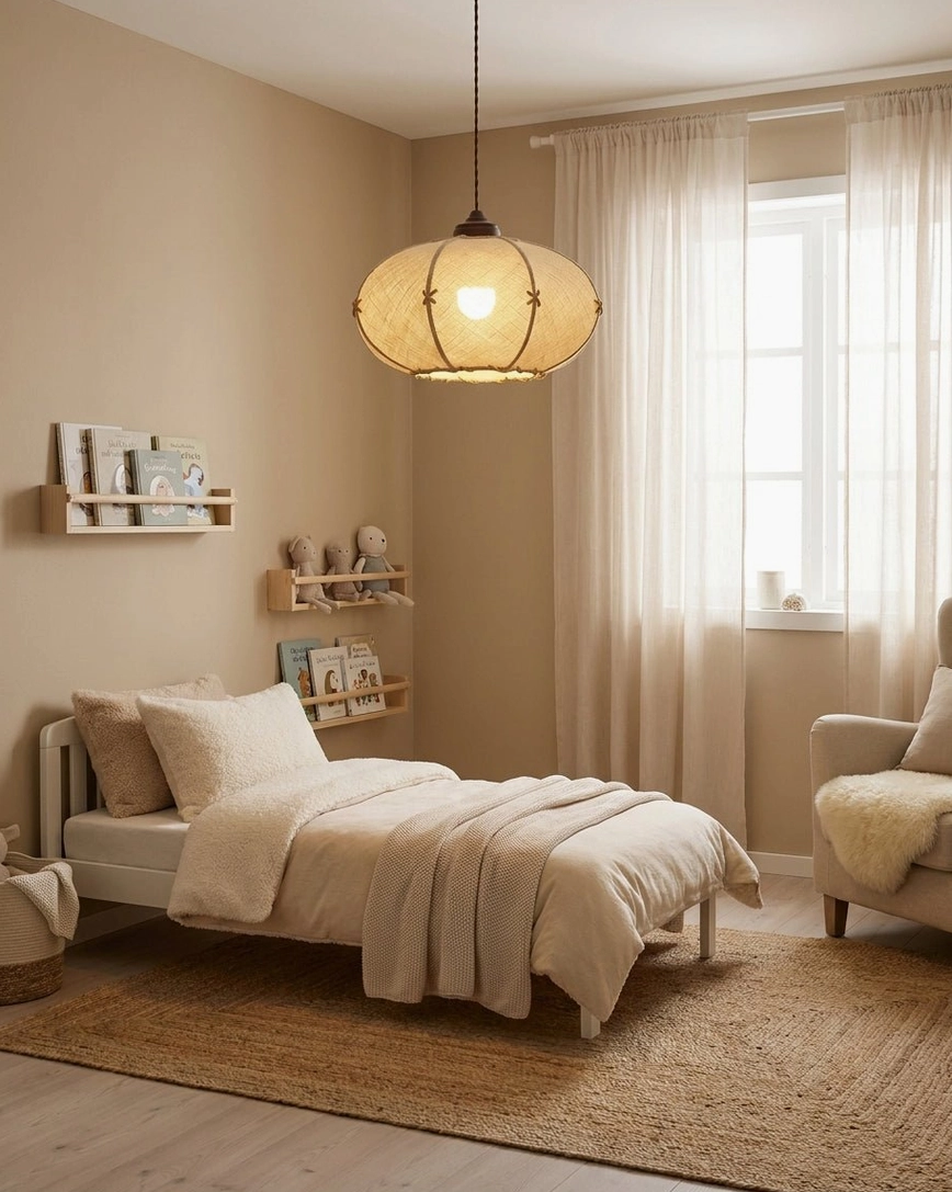 Woven cream linen oval pendant light in calm neutral bedroom with rustic home decor styling