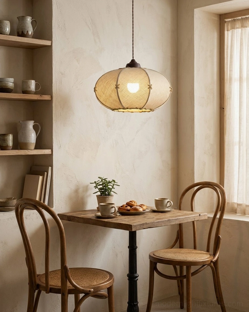 Marova linen drum pendant suspended above small bistro wooden table in cafe-style dining corner