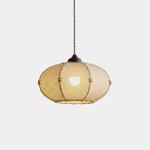 Marova oval linen pendant light with hand-tied jute rope ribs and dark-bronze canopy, front studio view