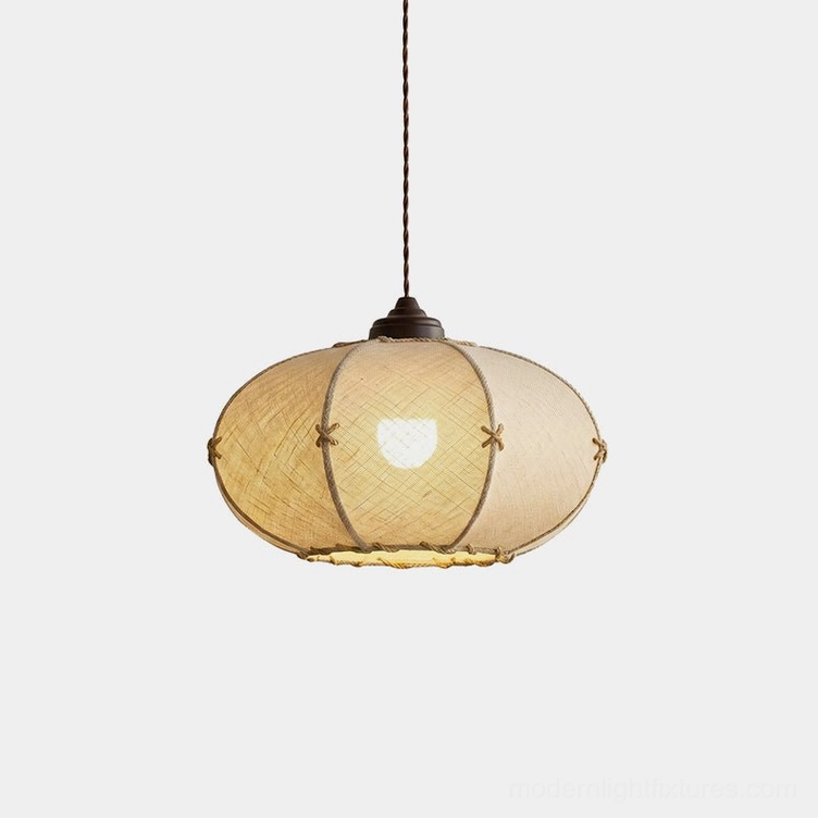Marova oval linen pendant light with hand-tied jute rope ribs and dark-bronze canopy, front studio view