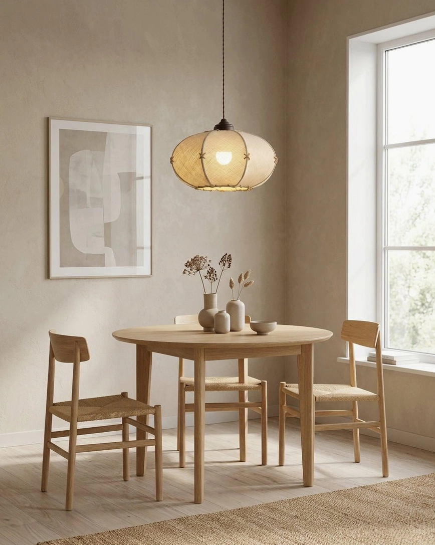 Cream linen oval pendant with natural jute ribs in minimalist farmhouse dining nook