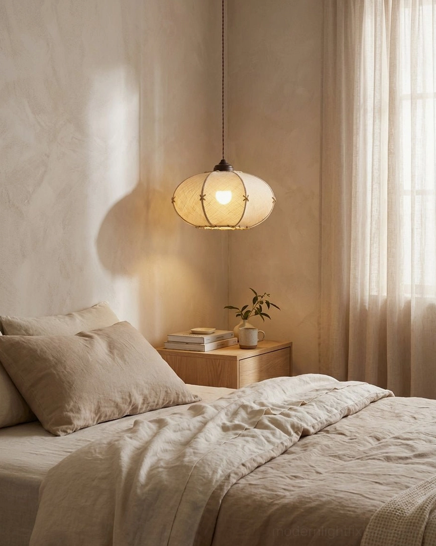 Hand-tied jute rope pendant light positioned above bedside table in cozy bedroom setting