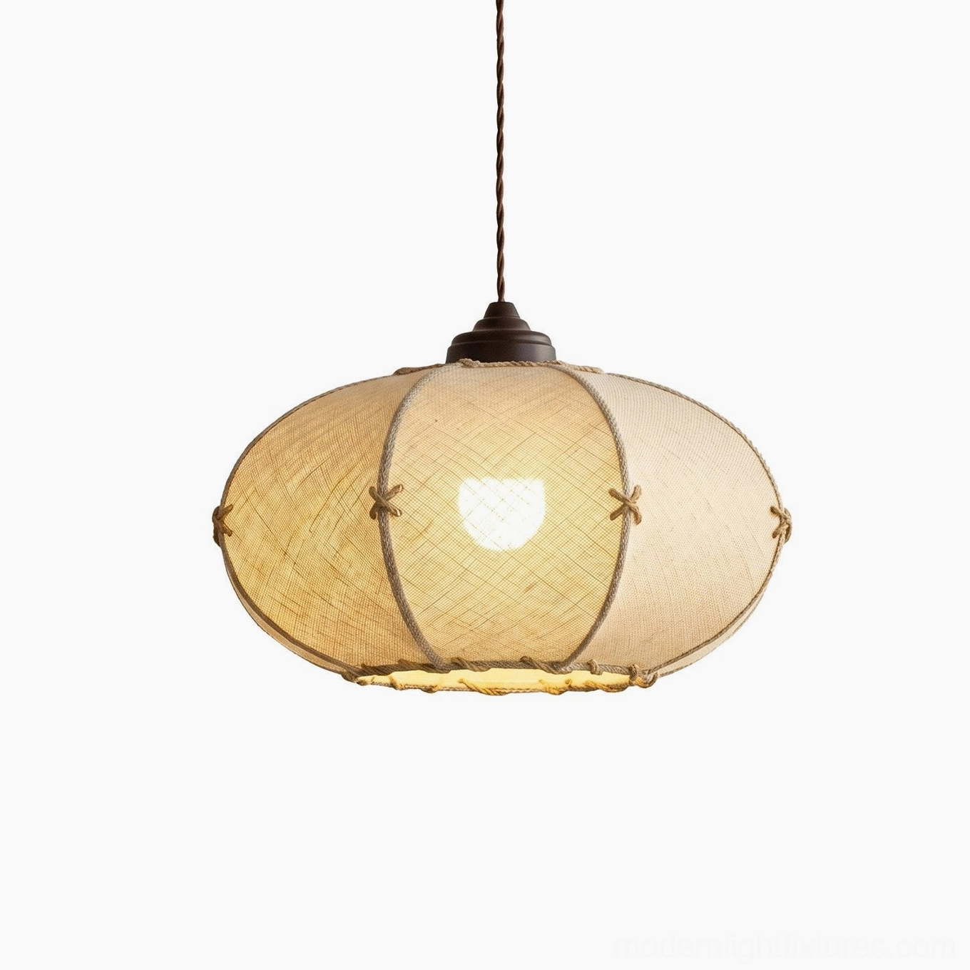 Medium size Marova pendant light with walnut and beige finish, detailed jute rope rib construction