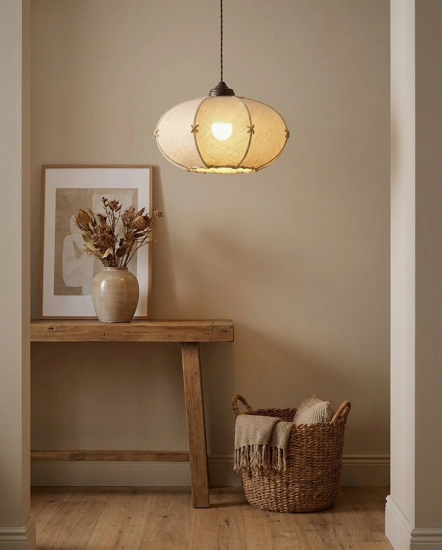 Dark-bronze and brass pendant light hanging above wooden console table in entryway accent space