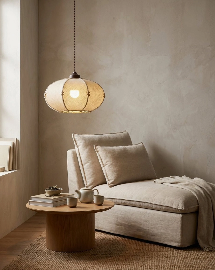 Hand-tied jute pendant lamp positioned above upholstered chaise lounge in living room accent area