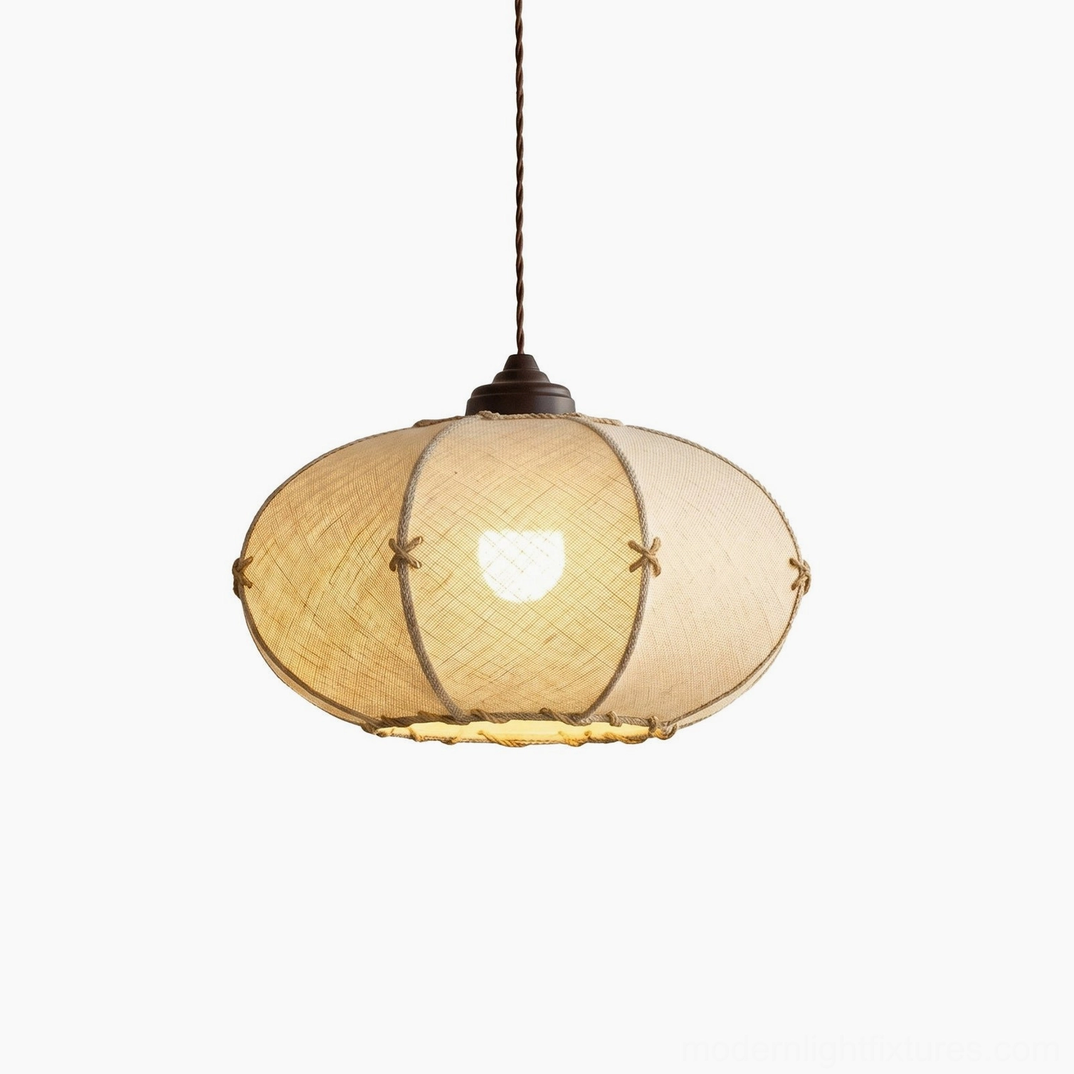 Small size Marova oval pendant light with oatmeal linen, hand-tied jute ribs, and brass-tone cord