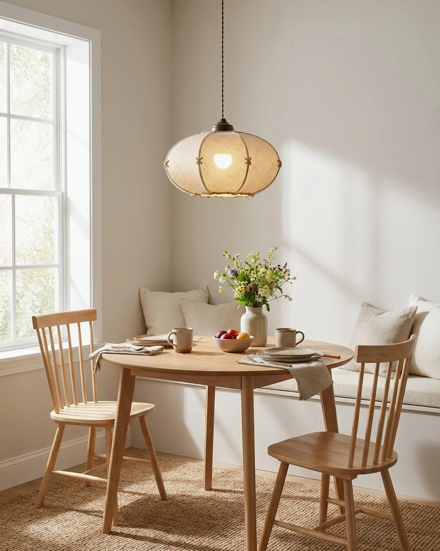 Oatmeal linen drum pendant light over wooden dining table by window-side breakfast booth