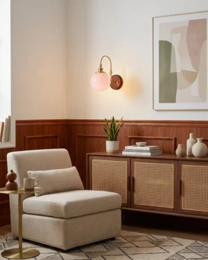 Vintage-inspired wall sconce with pink milk glass shade and brass hardware in retro living room setting