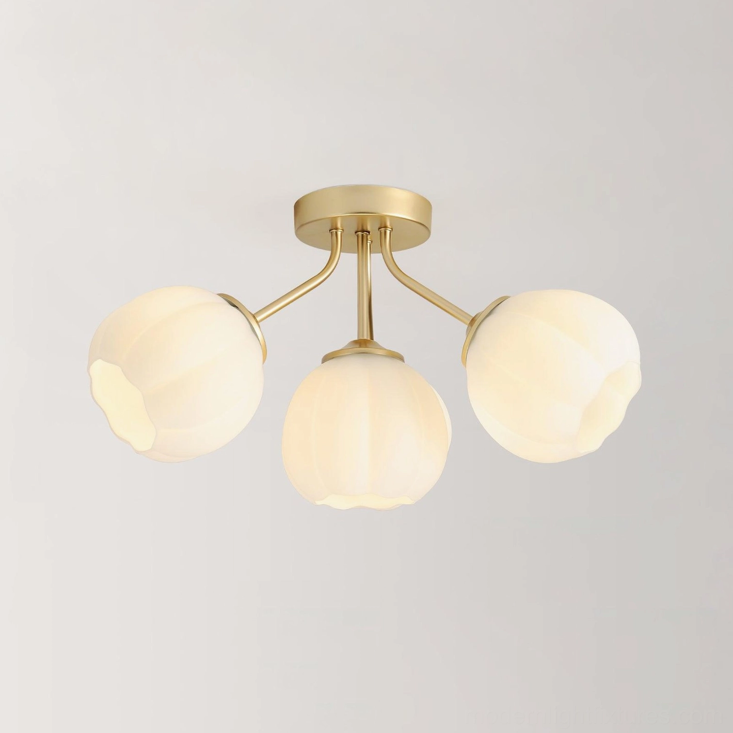 4-head Marra floral semi-flush ceiling light in gold and white, 42cm diameter, modern design with frosted glass shades