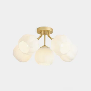 Marra 5-head floral semi-flush ceiling light with brushed gold metal frame and frosted white pumpkin glass shades, studio view