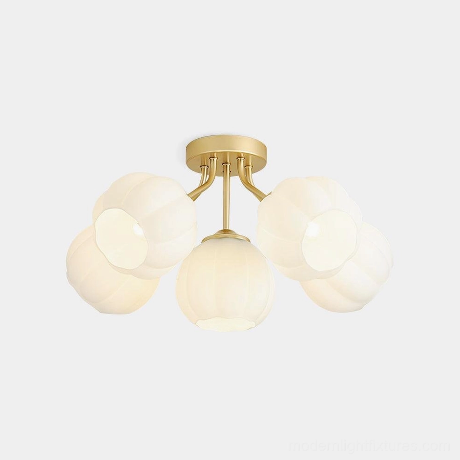 Marra 5-head floral semi-flush ceiling light with brushed gold metal frame and frosted white pumpkin glass shades, studio view