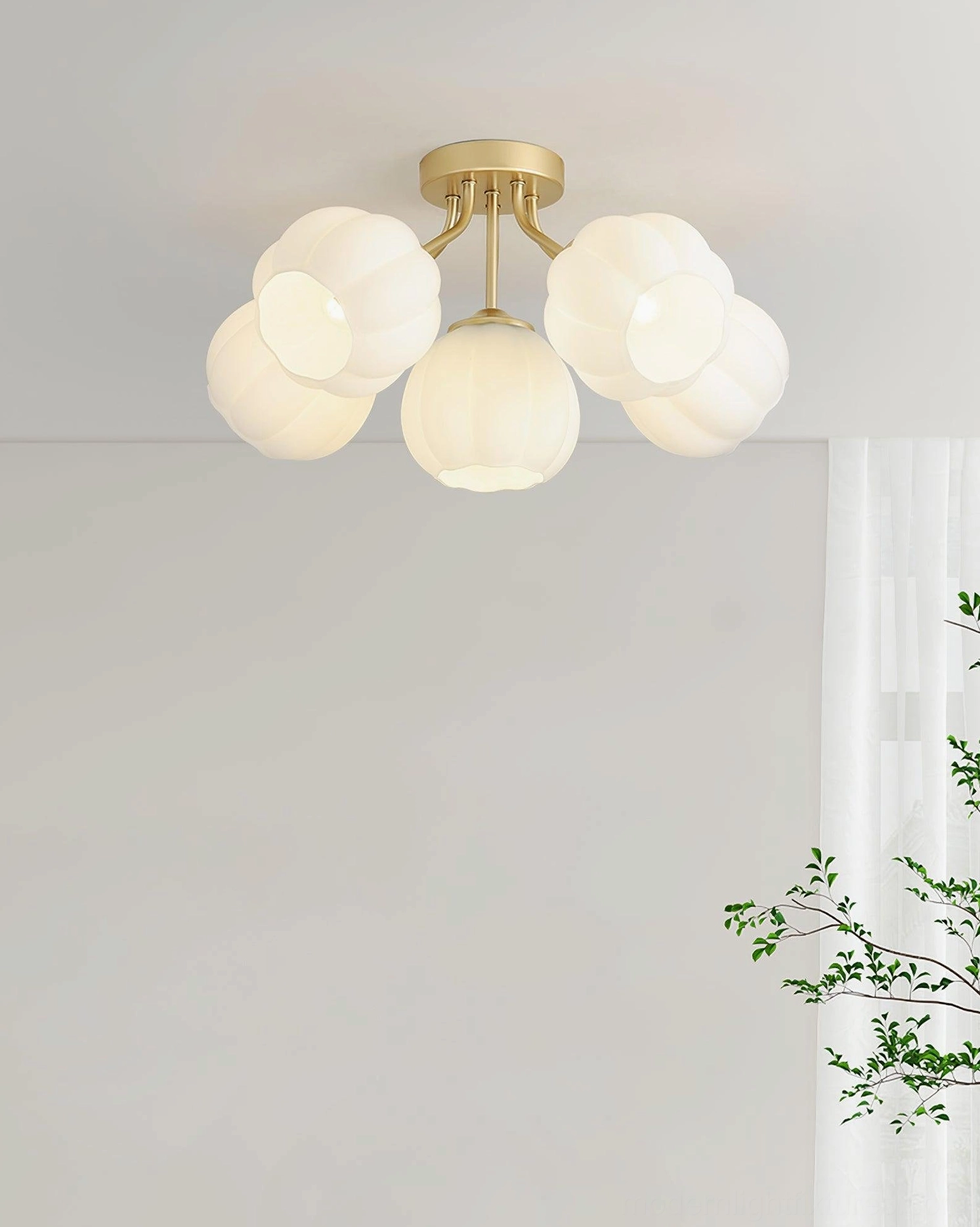 Marra 6-head floral ceiling light fixture with warm gold tones and frosted white glass shades, contemporary design