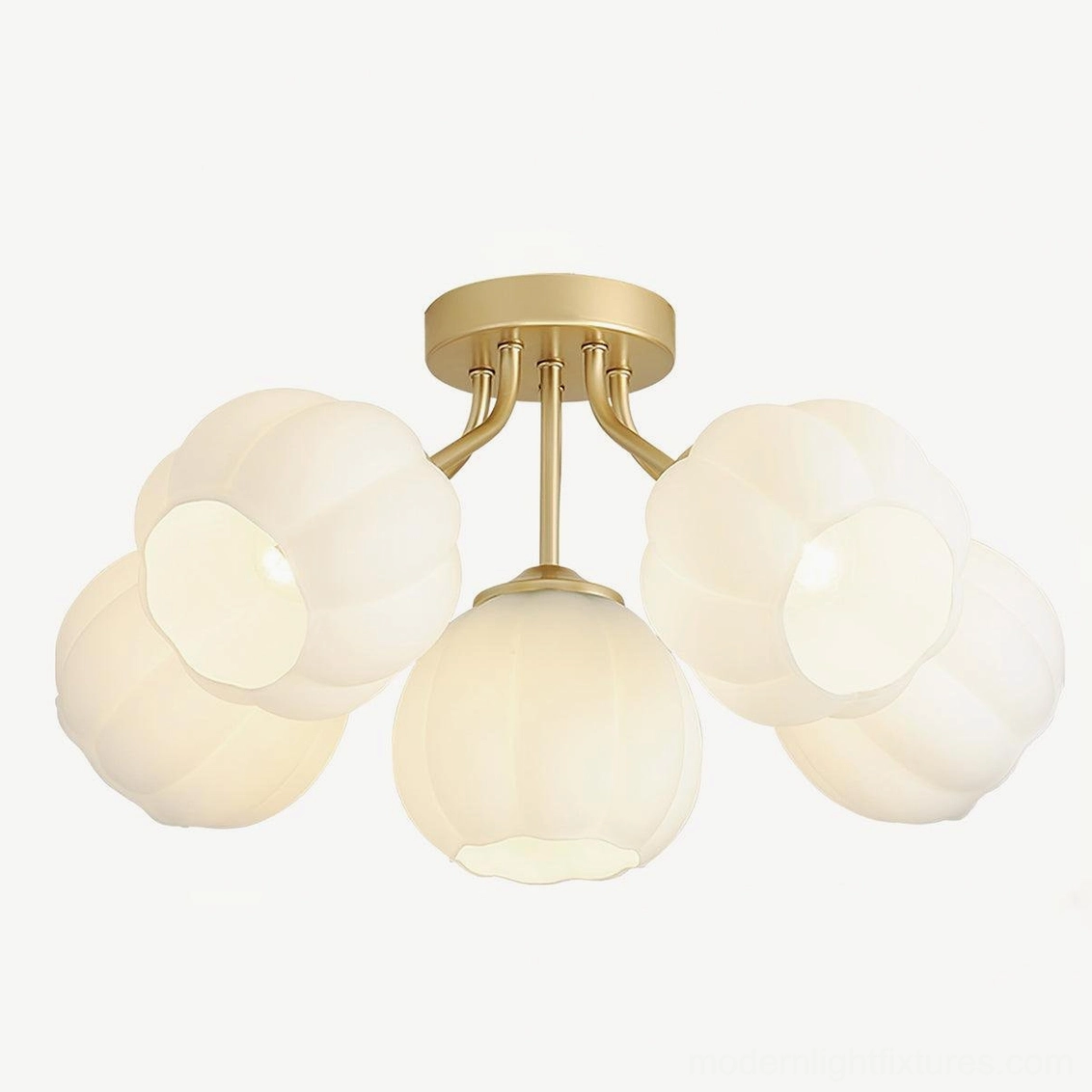Side view of Marra floral ceiling light showing architectural gold frame structure and frosted glass shade design