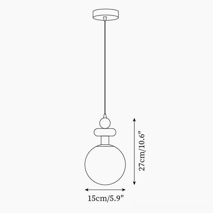 Marra Globe Pendant Light technical dimension drawing, specifications 15cm diameter x 27cm height with measurements