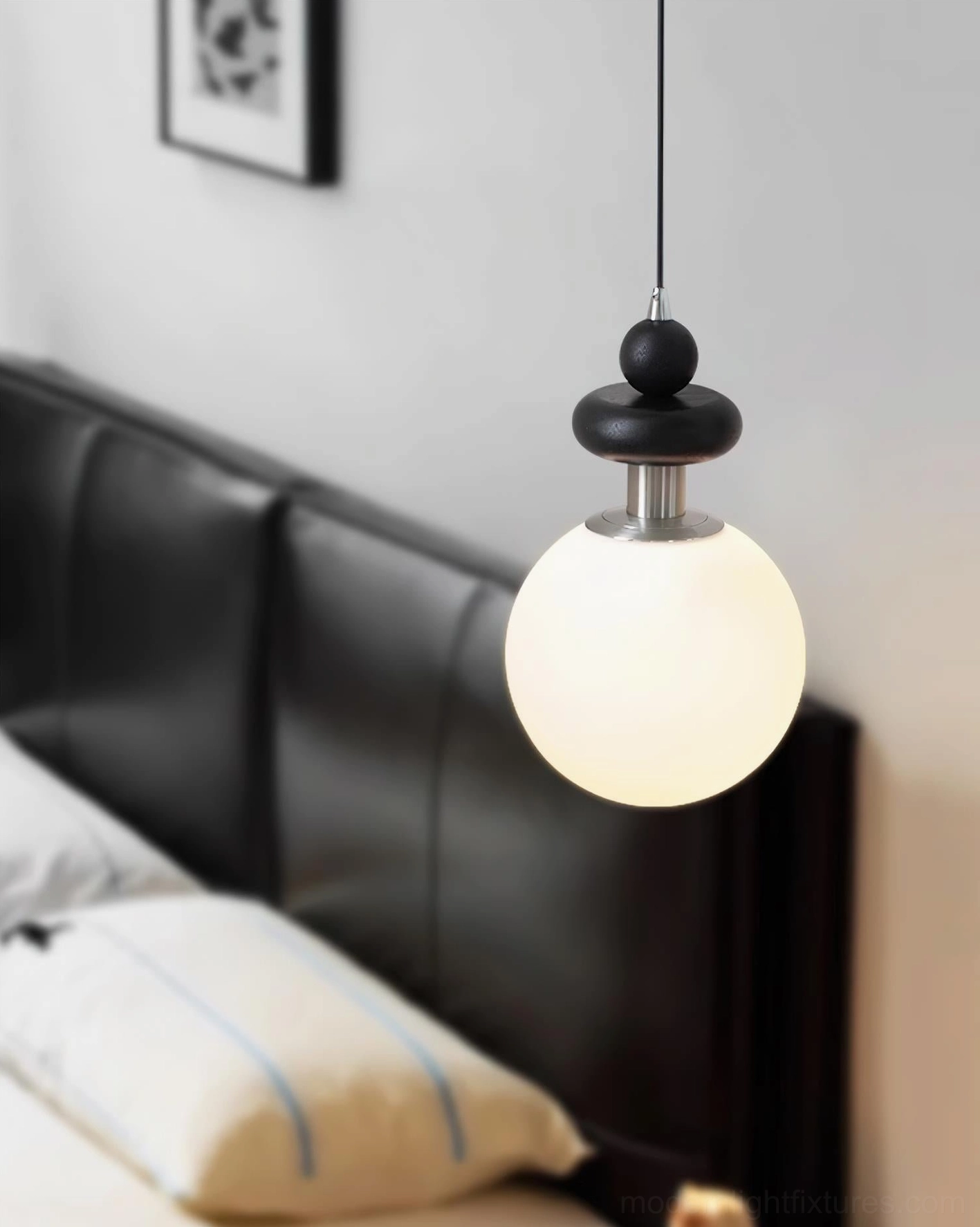 Marra Globe Pendant Light close-up detail view showing frosted glass globe and stacked geometric metal hardware construction