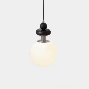 Marra Globe Pendant Light - Modern frosted glass globe with matte black stacked geometric hardware, front studio view on white background