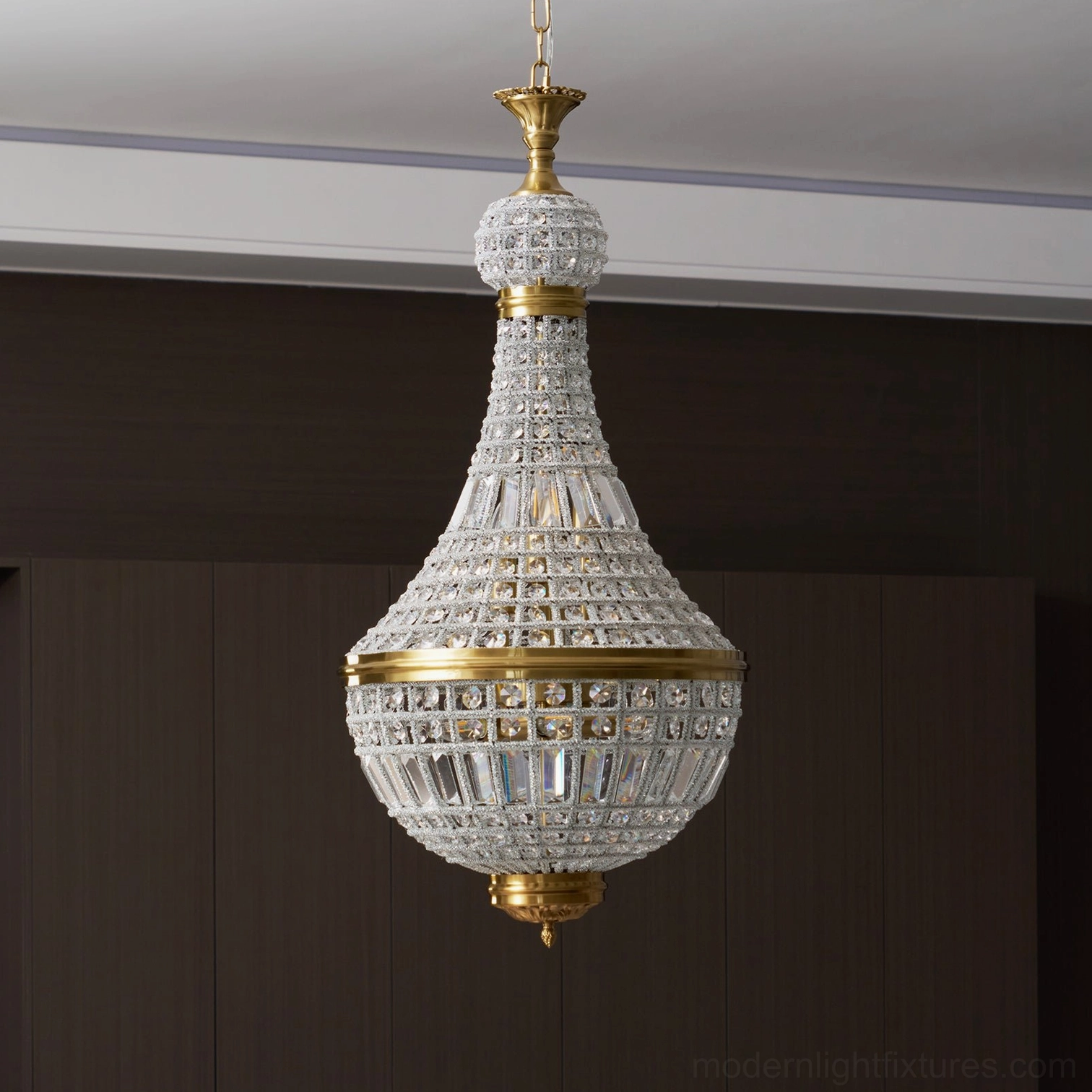 Marrakech crystal chandelier detail shot showcasing clear crystal bead construction