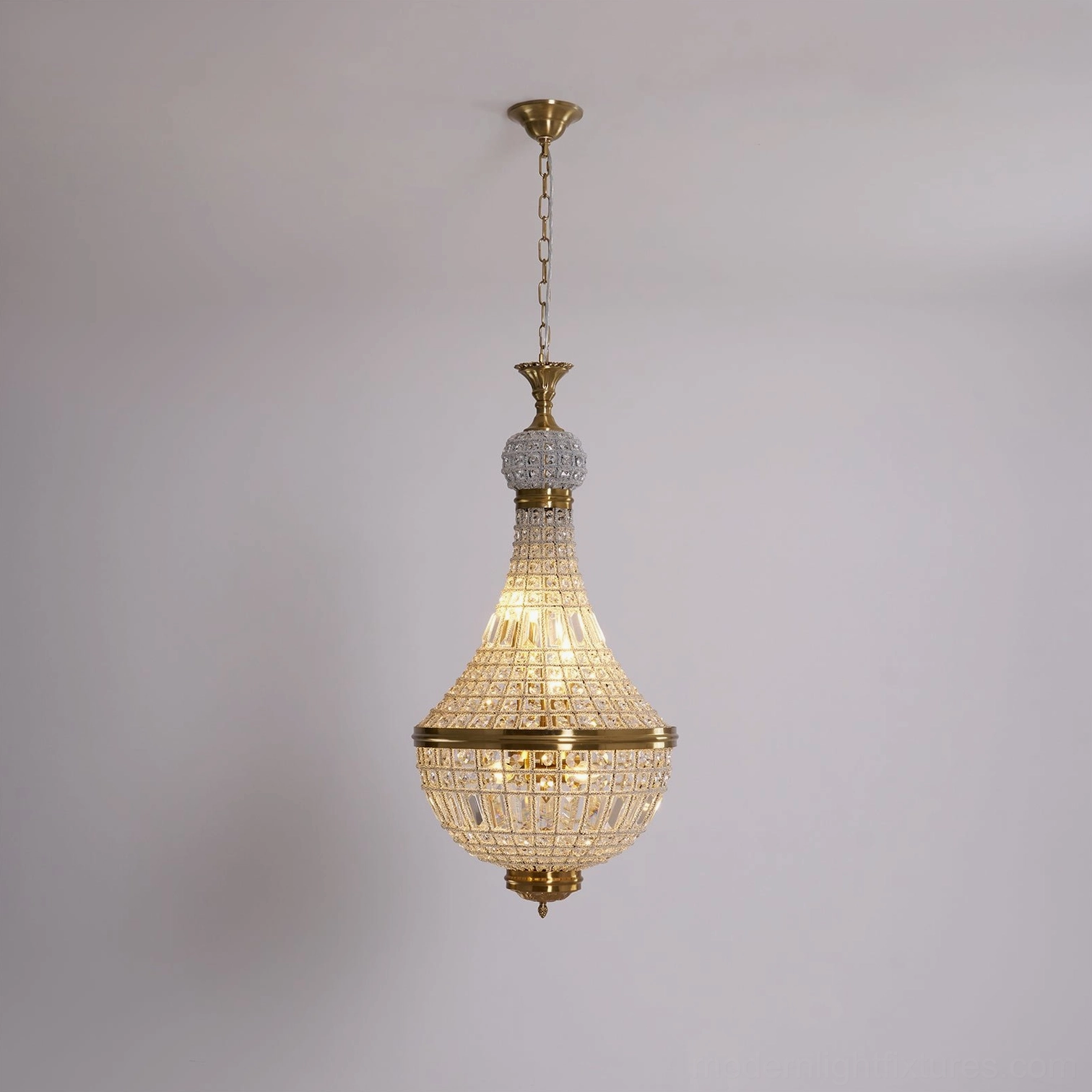 Marrakech crystal empire chandelier in elegant bedroom or dining room setting