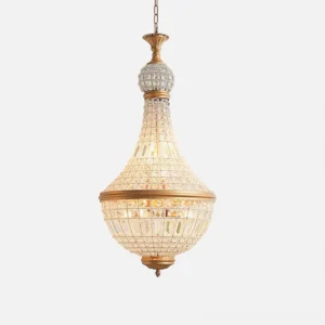 Marrakech crystal chandelier front view gold brass frame with clear crystal beads empire style