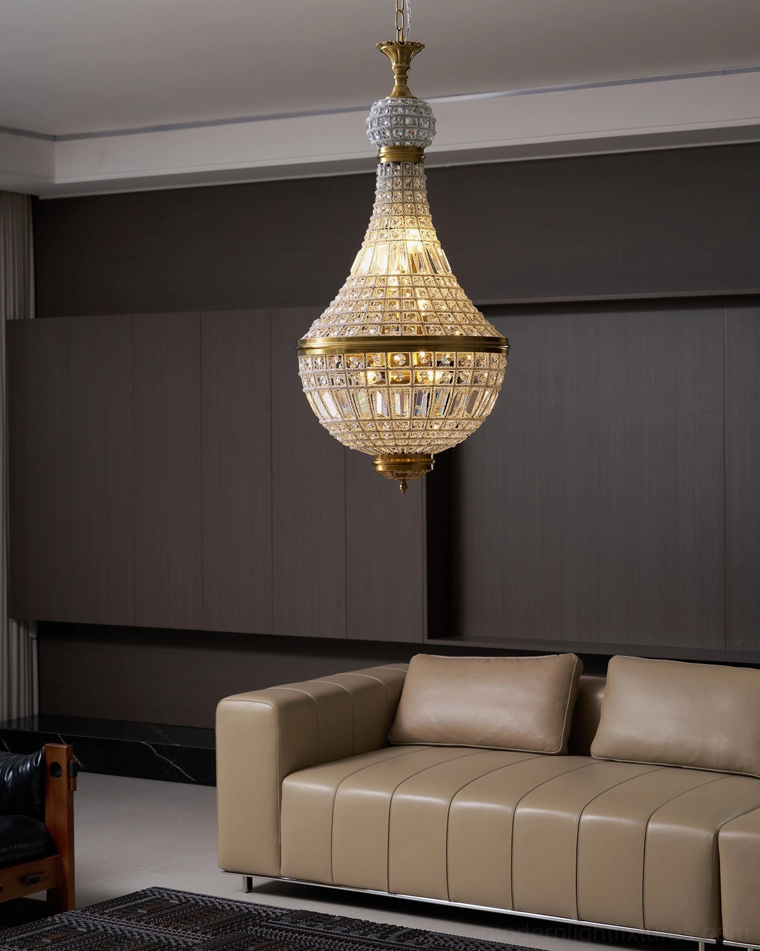 Marrakech compact crystal pendant light high angle view modern dark living room