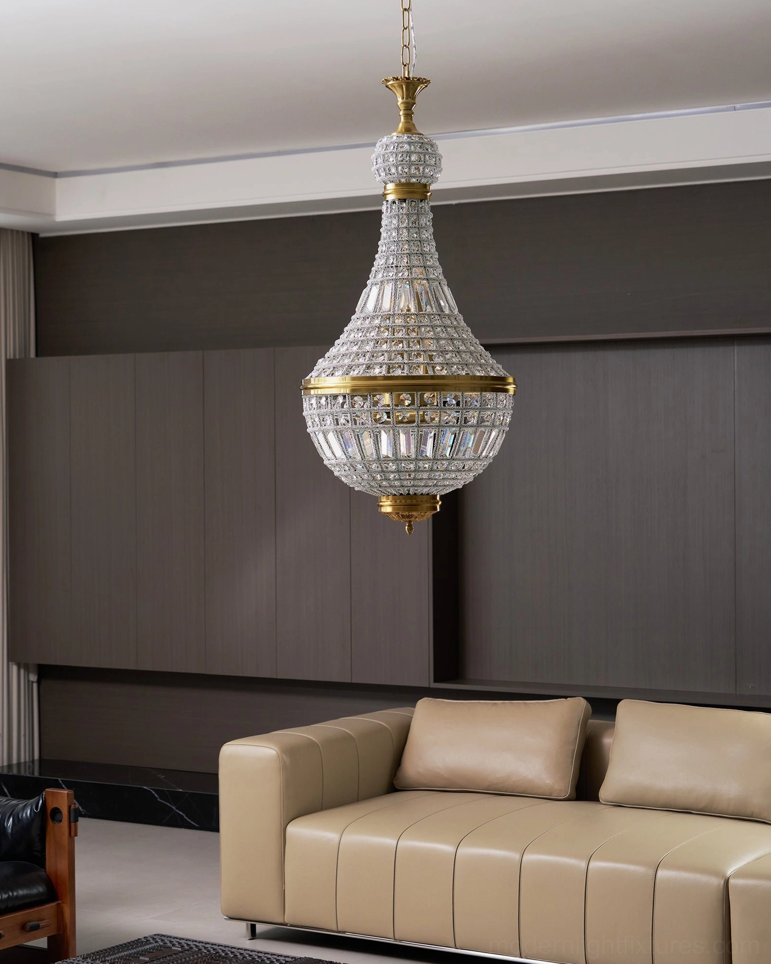 Marrakech empire style crystal chandelier showing gold and clear finish details