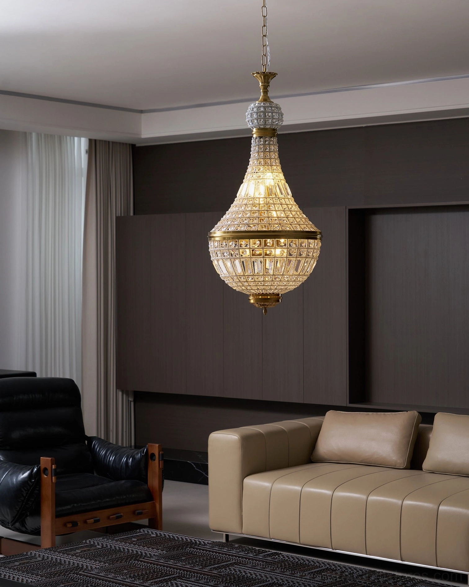 Marrakech gold crystal chandelier illuminated side hanging dark modern interior